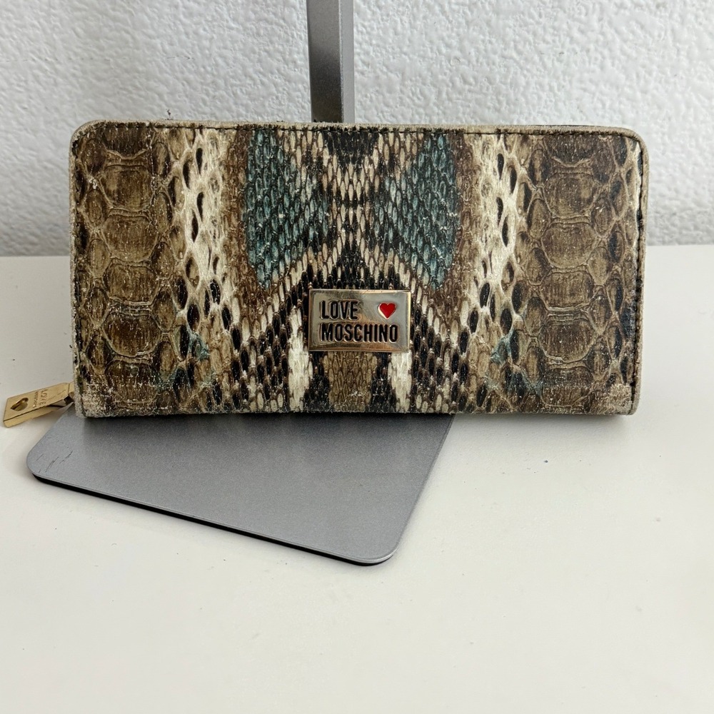 Love Moschino Snakeskin Print Continental Wallet Brown Teal Gold Heart Logo